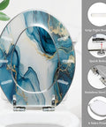 Elongated Resin Toilet Seat for Bathroom with blue and gold marbled design, 14.5" x 18.5", featuring stainless steel hinges.