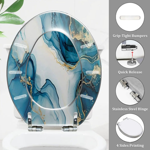 Elongated Resin Toilet Seat for Bathroom with blue and gold marbled design, 14.5" x 18.5", featuring stainless steel hinges.