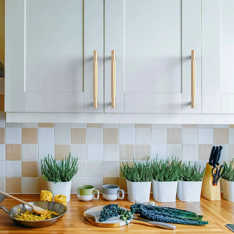Top Shelf 10 Pack 5 Inch Gold Knurled Cabinet Pulls With 128mm Mounting Holes, modern kitchen cabinetry with gold pulls.
