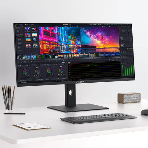 40 Inch 5K Ultrawide Monitor For Laptop 21:9, 100Hz IPS Display, HDR400, on desk with keyboard and speakers