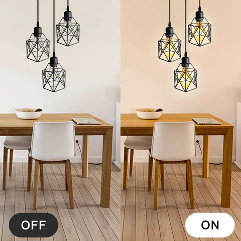 Industrial 3 Light Pendant With Adjustable Cords Vintage Farmhouse Black Metal Cage Light for dining area, off and on view.
