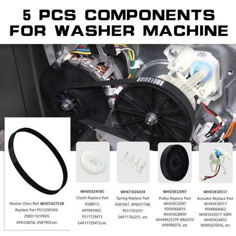 Washer Shift Actuator Replacement Kit With 5 Piece Drive Belt Set For Washing Machine Repair Must Have Includes Clutch Clutch Spring Transmission Drive Pulley And Nut, 5 parts shown