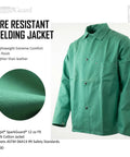 SparkGuard Flame Resistant Welding Jacket For Men Green Heavyweight 12 Oz 100 Percent Cotton Sateen ASTM D6413 Certified