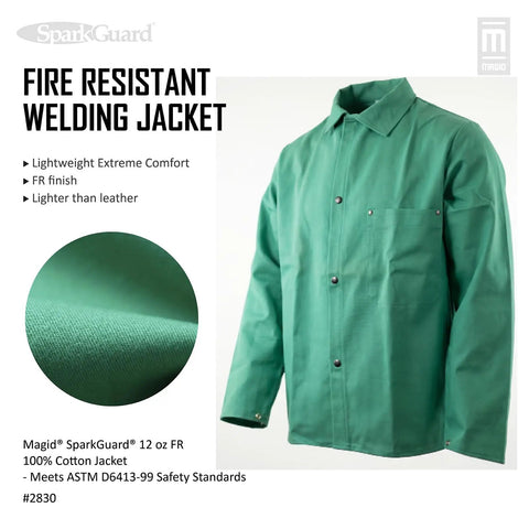 SparkGuard Flame Resistant Welding Jacket For Men Green Heavyweight 12 Oz 100 Percent Cotton Sateen ASTM D6413 Certified