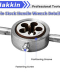 Close-up of M14x1.5 Metric Tap And Die Set With 38mm Round Die Stock Handle Wrench, showing fastening screw and positioning groove.