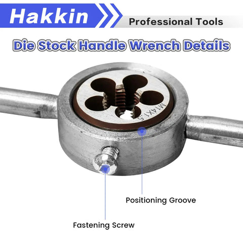 Close-up of M14x1.5 Metric Tap And Die Set With 38mm Round Die Stock Handle Wrench, showing fastening screw and positioning groove.