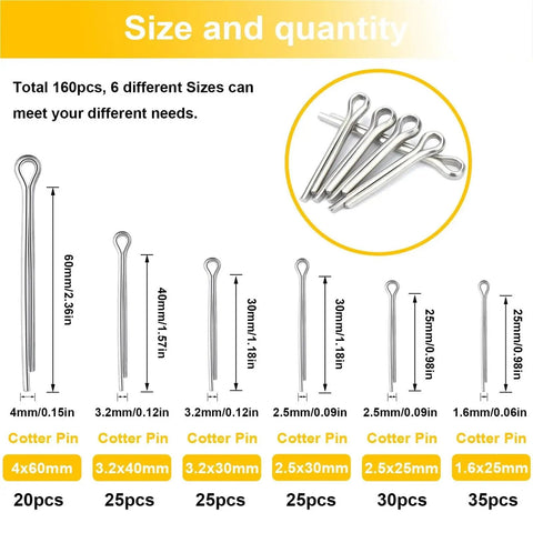304 Stainless Steel Cotter Pins Kit, 160-Piece Assortment with sizes and quantities, corrosion-resistant pins for DIY.