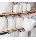 Slim Fabric Storage Bins With Comfort Handles Narrow Closet Organizers For Shelf And Cabinet Durable Canvas Containers in use.