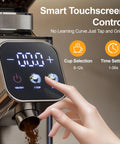 Top Shelf Conical Burr Coffee Grinder Featuring A Six Degree Tilted Body For Zero Mess Grinds And Hassle Free Cleanup In Sleek Metallic Silver Finish with smart touchscreen control.