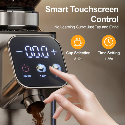 Top Shelf Conical Burr Coffee Grinder Featuring A Six Degree Tilted Body For Zero Mess Grinds And Hassle Free Cleanup In Sleek Metallic Silver Finish with smart touchscreen control.