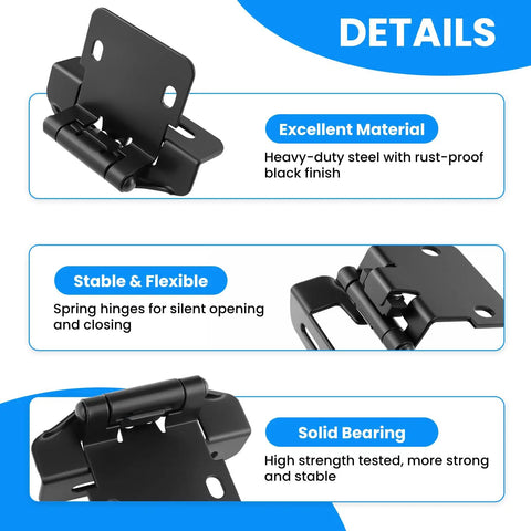 Top Tier 4 Pack Overlay Cabinet Door Hinges Slick Matte Black Finish With Self Closing Build and Heavy Duty Silicone Dampers Guaranteeing Dead Quiet Action showing black hinges with rust-proof coating.