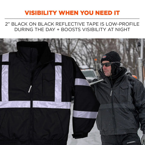 Enhanced Visibility Winter Jacket For Night And Low Light Conditions, Black, X Large, windproof and water-resistant with reflective tape