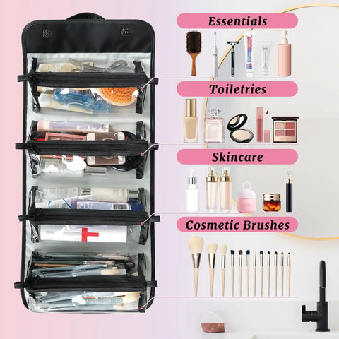 Travel Makeup Bag For Women With Hangable Roll Up Organizer And Four Removable Compartments, open showing contents