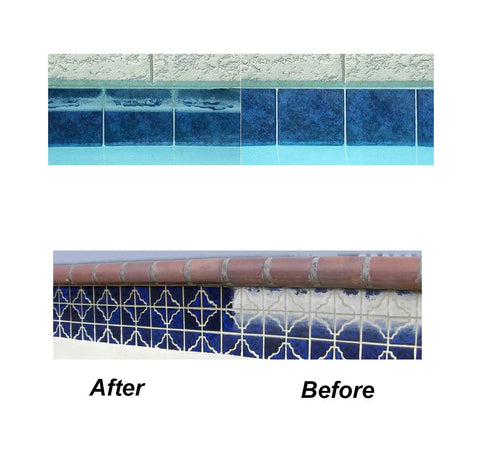 Before and after cleaning pool tiles with Pool Pumice Stone With EZ Clip Handle For Easy Cleaning On Concrete Plaster Tile And Spa Surfaces