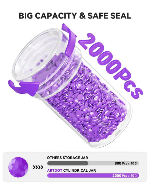 Close-up of purple beads in a clear jar with text '2000 PCs', part of 60 Slot Diamond Art Storage Case For Adults Portable Bead Organizer.