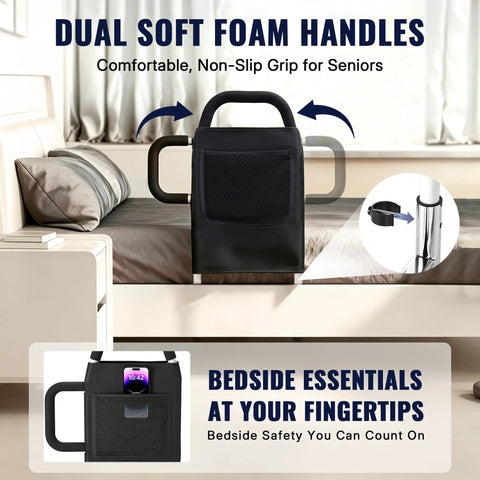 Heavy Duty Bed Rails For Seniors With Non Slip Ergonomic Handle And Storage Pocket displayed on bed