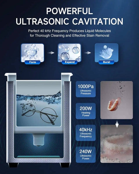 Kick Ass Heavy Duty 2 6 Gallon Ultrasonic Parts Washer With 240 Watt Heating and Manual Knob Controls diagram showing ultrasonic cleaning process.