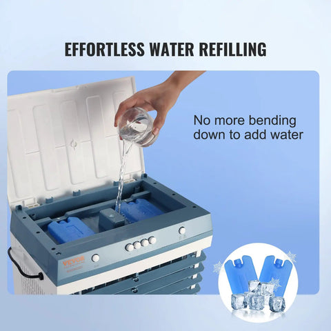 Evaporative Air Cooler 1400 CFM 11 X 31 Inch Portable Swamp Cooler with open lid being refilled with water and ice packs