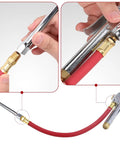12 Inch Red Rubber Tire Inflator Hose Whip With Three Eighths Twenty Four UNF Brass Connector And O Ring Built Tough For Quick Easy Air Up To Your Tire Pressure Gauge Perfect For Pro Or Home Garage Use, close-up of brass connector and red hose.