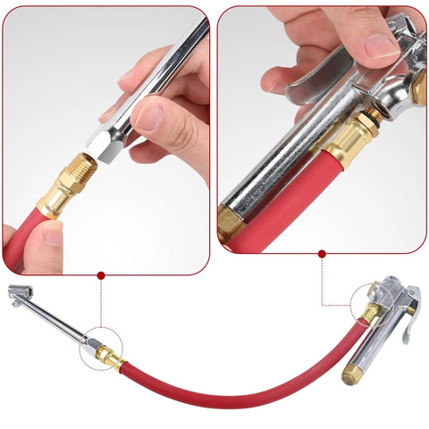12 Inch Red Rubber Tire Inflator Hose Whip With Three Eighths Twenty Four UNF Brass Connector And O Ring Built Tough For Quick Easy Air Up To Your Tire Pressure Gauge Perfect For Pro Or Home Garage Use, close-up of brass connector and red hose.