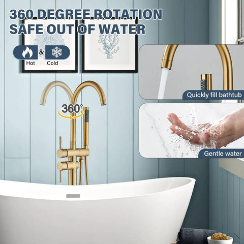 Freestanding Bathtub Faucet Set With Floor Mount Tub Filler, Brushed Nickel Finish, high flow shower and handheld with swivel spout usage