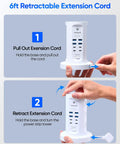 Straight Up Essential Power Strip Tower And Charging Station With Nine AC Outlets And Eight USB Ports Featuring A Super Compact Vertical Design Plus A Retractable Flat Cord For Easy Desk Organization image showing how to pull out and retract a 6ft extension cord.