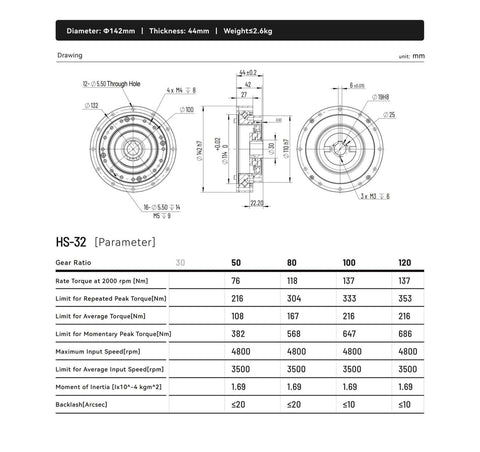 Technical drawing of HS32 I Harmonic Reducer SHF32 I Strain Wave Gear Reducer For Stepper Motor 80 with dimensions and specifications