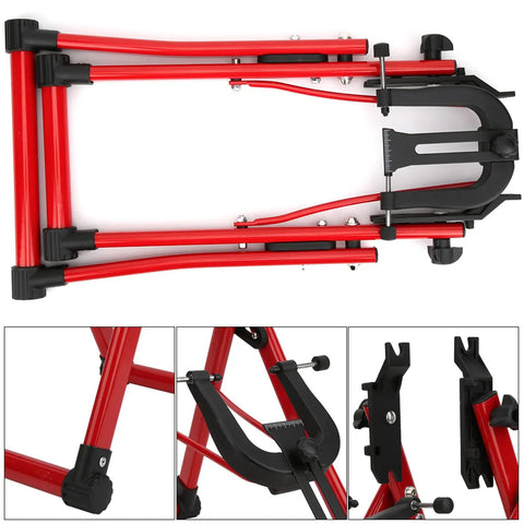 Bike Wheel Truing Stand With Ruler And Thimble, Foldable Aluminum Alloy Build, in red, compact and portable design.