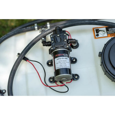 Close-up of the diaphragm pump and hoses on the Tow-Behind Garden Sprayer With 15 Gallon Tank, 30 Inch Boom, 1.6 GPM At 100 PSI