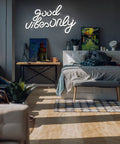 Good Vibes Only Neon Sign For Wall Decor Led Neon Light Brings Party Vibes To Your Living Room Bedroom Bar Game Room Restaurant Or Hotel White 16.5 By 10 Inches Easy Mount And Energy Efficient LED For Everyday Use And Party Ready Vibe in bedroom setting