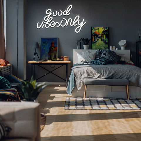 Good Vibes Only Neon Sign For Wall Decor Led Neon Light Brings Party Vibes To Your Living Room Bedroom Bar Game Room Restaurant Or Hotel White 16.5 By 10 Inches Easy Mount And Energy Efficient LED For Everyday Use And Party Ready Vibe in bedroom setting