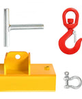 Tough As Nails 2200 Lb Forklift Lifting Hook With 360 Degree Swivel and Heavy Duty Carbon Steel Build and Powder Coated Shop Rig Accessory For Moving Heavy Cargo Smoothly, showing yellow hook and red swivel hook.