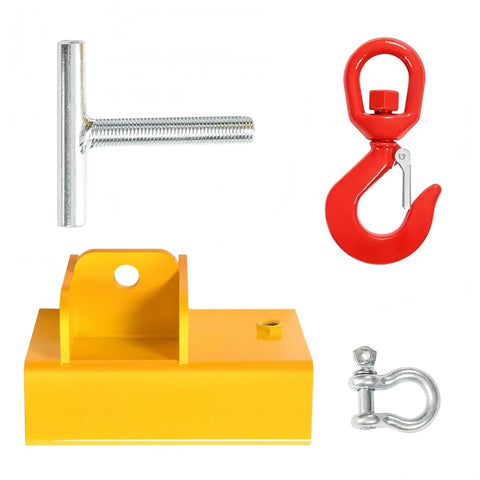 Tough As Nails 2200 Lb Forklift Lifting Hook With 360 Degree Swivel and Heavy Duty Carbon Steel Build and Powder Coated Shop Rig Accessory For Moving Heavy Cargo Smoothly, showing yellow hook and red swivel hook.