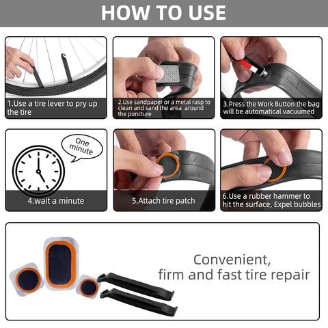 How to use Tire Repair Kit For Bikes And Motorized Rides With Glueless Patches And Vulcanizing Patches Metal Rasp Levers Sandpaper Portable Box