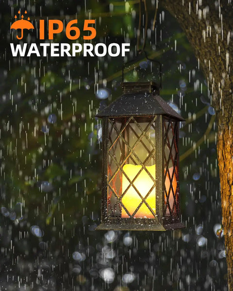 Outdoor Solar Lanterns 14 Inch Hanging LED Lights, 2 Pack, Waterproof, Flickering Flame Look, lantern hanging in rain