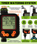 Digital timer for 100Ft Drip Irrigation Kit with 28 adjustable 360-degree nozzles and 28 T connectors, showing settings display.