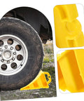 2 Pack Heavy Duty Rubber Wheel Chocks securing a tire with grit treads, featuring sturdy handles and quick dry design.