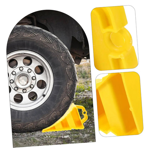 2 Pack Heavy Duty Rubber Wheel Chocks securing a tire with grit treads, featuring sturdy handles and quick dry design.