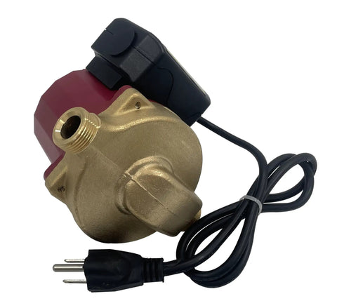 Top Tier 115V 1 25Hp Circulator Pump With One Half Inch Sweat Connections, showing the brass and red unit with power cord.