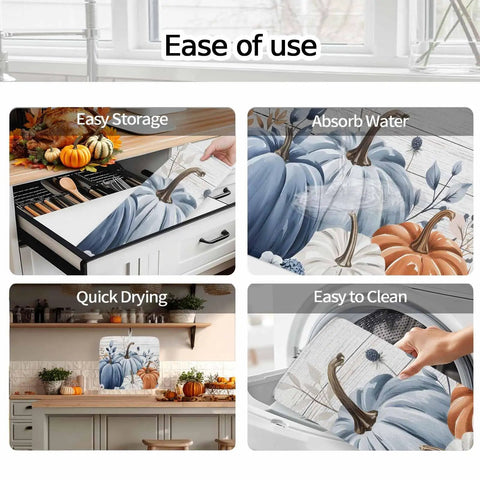Must Have Fall Kitchen Dish Drying Mat Set Two Pack With Blue Pumpkin Pattern Leaves Floral Wood Grain 16x18 Absorbent Microfiber