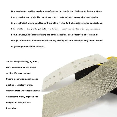 Premium 50 Pack Mesh Sanding Discs 198x70mm Dry Polishing With Hook Loop For Wood Metal Stone 320 Grit Dust Free Anti Clogging Abrasive Pad Set on a surface showcasing its durable and dust-free sandpaper design.