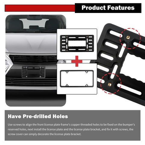 Stainless Steel Front License Plate Bracket Kit With Screws And Ties No Drill Install Front Bumper Mount close-up and parts diagram