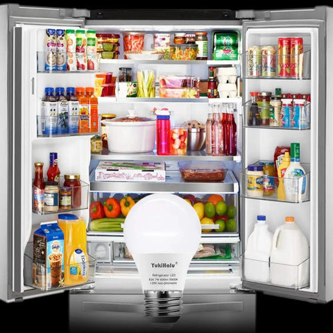 LED Refrigerator Light Bulb 60W Equivalent A15, 600 Lumen, 7W, 120V Daylight 5000K E26 Base in open fridge