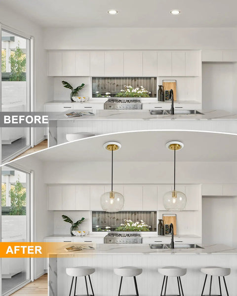 Recessed Can Light Conversion Kit For 5 Inch And 6 Inch Ceiling Fixtures With E26 Socket Plus White Round Ceiling Medallion upgrade shown in kitchen before and after.
