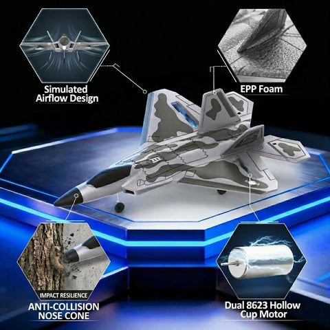 F22 Raptor RC Plane With 4 Channel Easy To Fly System, LED Lights, 6 Axis Gyro Stabilization on hexagonal display