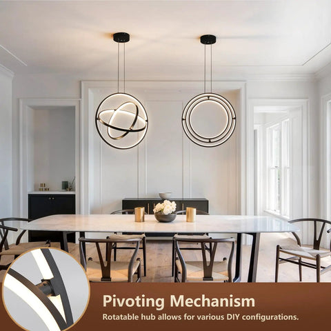 Dining room with Modern LED Chandelier With 3 Rings Black Circle Pendant Lighting, ceiling fixture, height adjustable above table