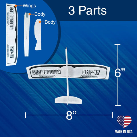 Balsa Wood Airplane Glider Kit Pack Of 6 For Kids showing 3 parts assembly, made in USA, dimensions 8x6 inches.