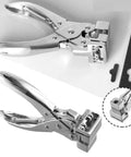 Heavy Duty Zinc Alloy T Slot Puncher Plier for PVC ID Cards Makes Crisp 2mm Holes With Zero Burrs, showing plier and hole detail.