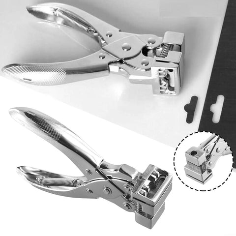 Heavy Duty Zinc Alloy T Slot Puncher Plier for PVC ID Cards Makes Crisp 2mm Holes With Zero Burrs, showing plier and hole detail.