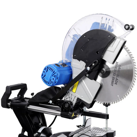 Heavy Duty Pro Grade Sliding Compound Miter Saw With Dead On Laser Guide 12 Inch 80 Tooth Blade 15 Amp Motor close-up view.